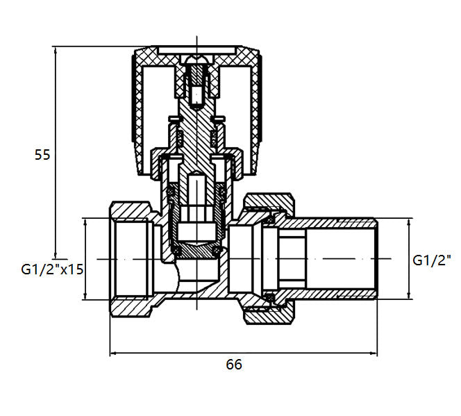 Maattekening Radiator-ventiel+adaptor 15mm 1/2 recht vernikkeld mat-zwart