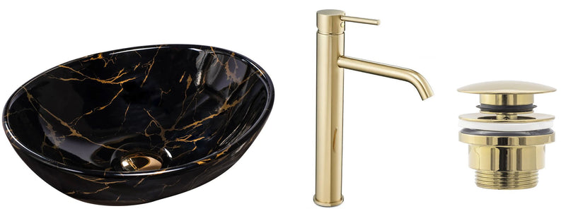 Wastafel Sofia Black Marble + kraan Lungo Gold High + universele plug gold - View 9