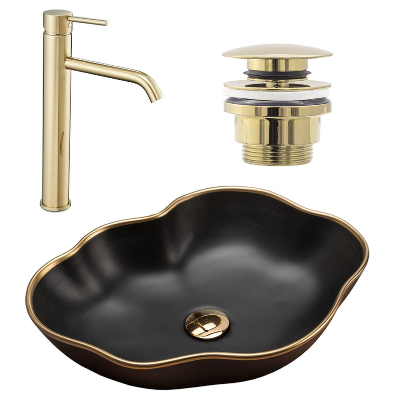 Wastafel Parel Black Matt + Kraan Lungo Gold High + universele plug gold