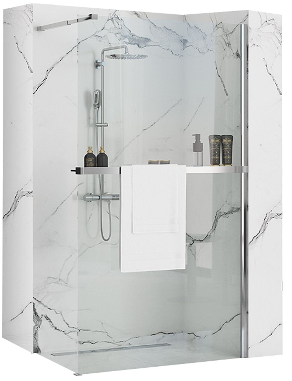Detail van glas en chroom van Rea Handdoekenrek Evo douchecabine