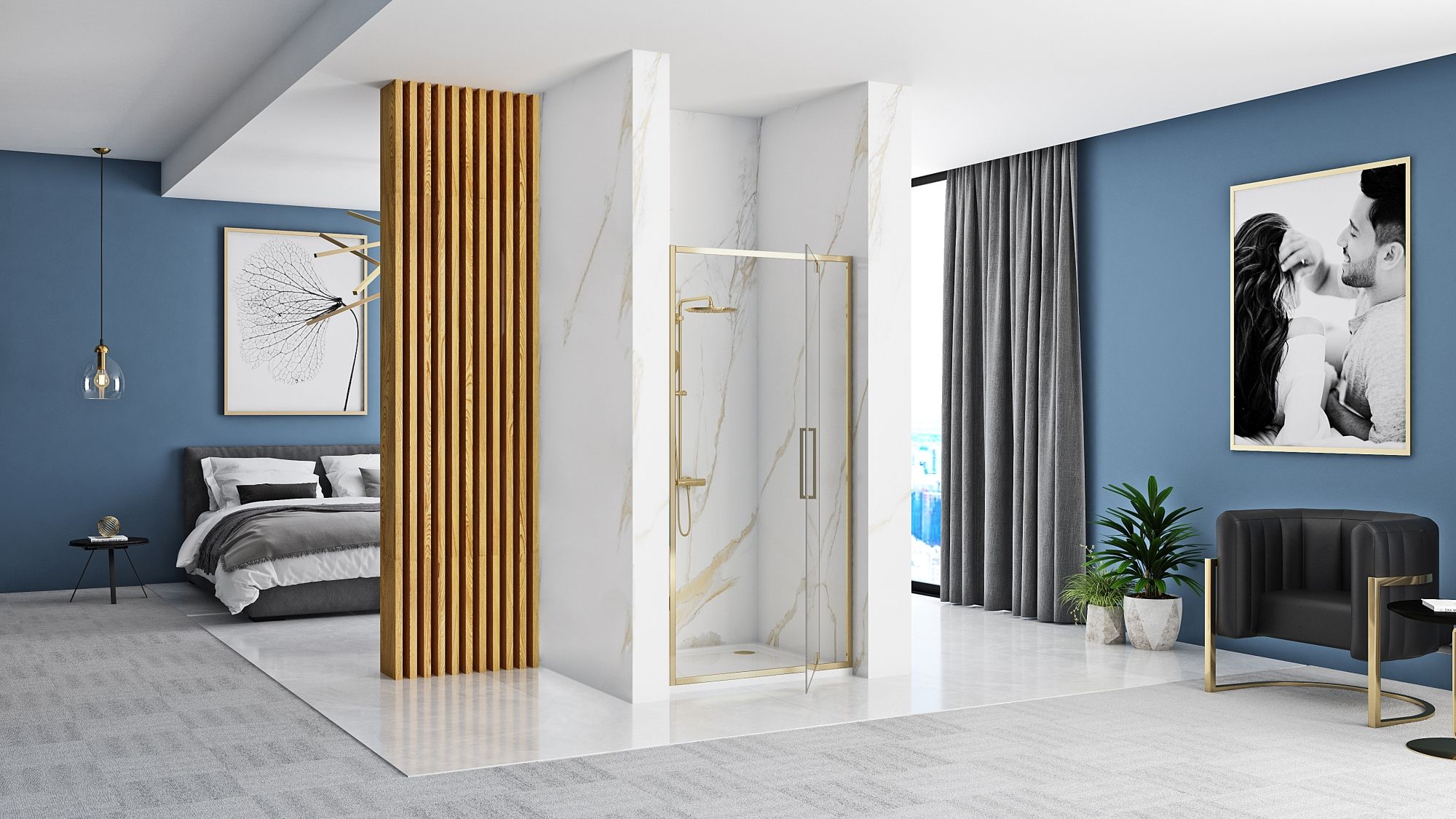 Detail van douchedeur Rea Rapid Swing Glans Goud