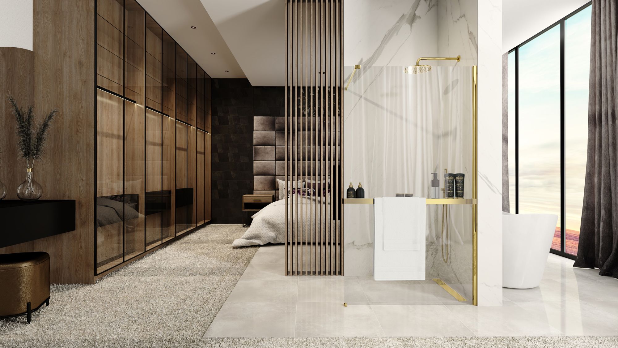 Detail van glas en glans goud van Rea Handdoekenrek Evo douchecabine