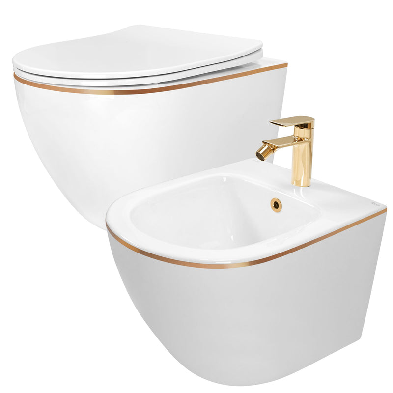 Set van Hangtoilet CARLO Mini Flat + bidet CARLO Mini White Gold Edge