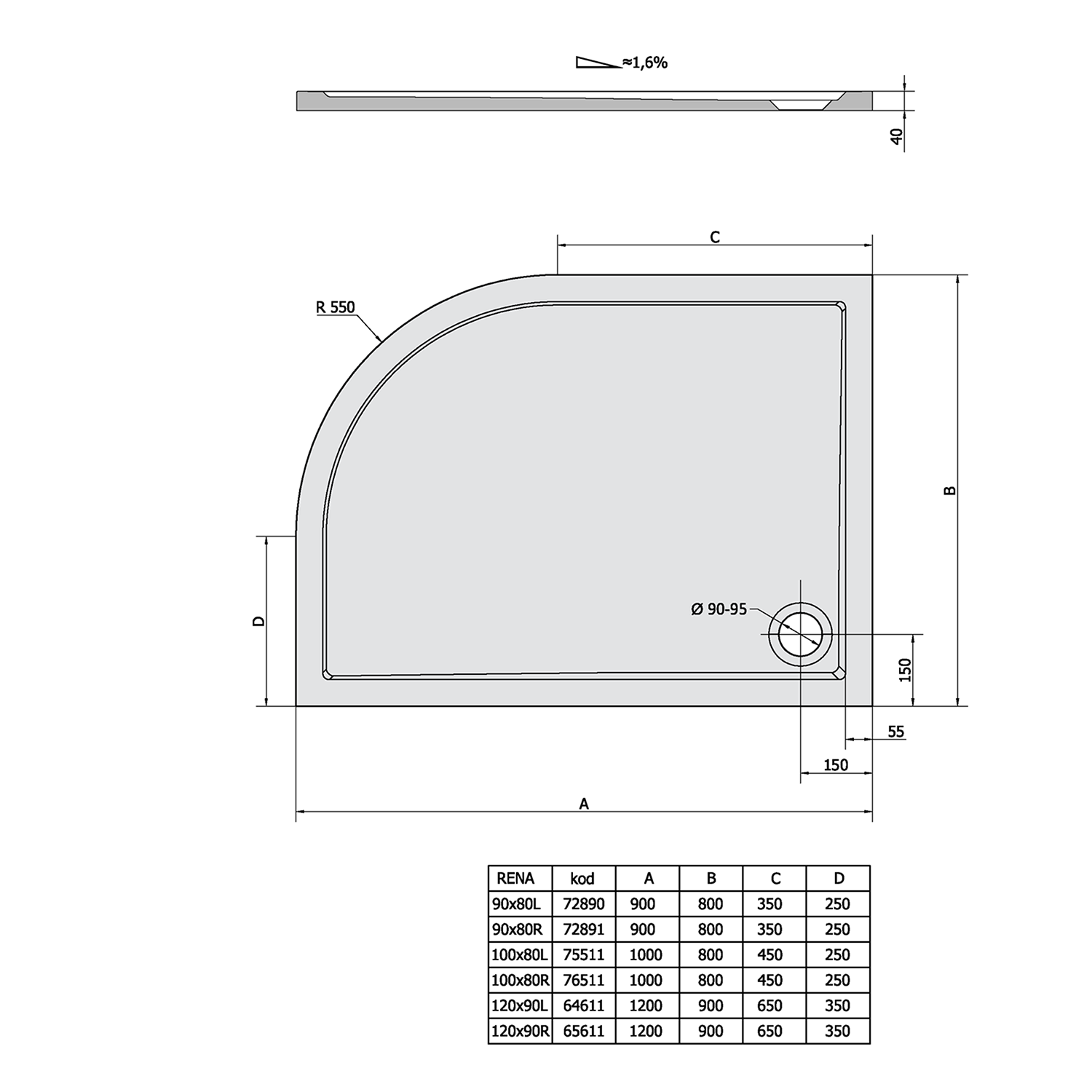 RENA links Kwartronde Asymmetrische Douchebak 100 x 80Mineraalmarmer