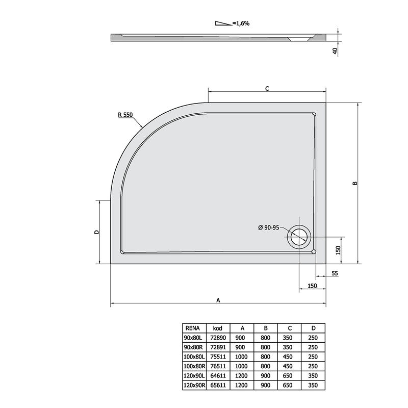 RENA Links Kwartronde Asymmetrische Douchebak 100x80 Mineraalmarmer