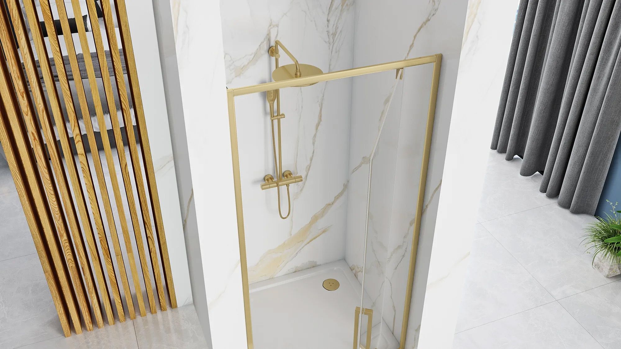 Detail van douchedeur Rea Rapid Swing Geborsteld Messing