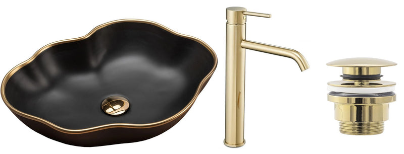 Wastafel Parel Black Matt + Kraan Lungo Gold High + universele plug gold - View 9