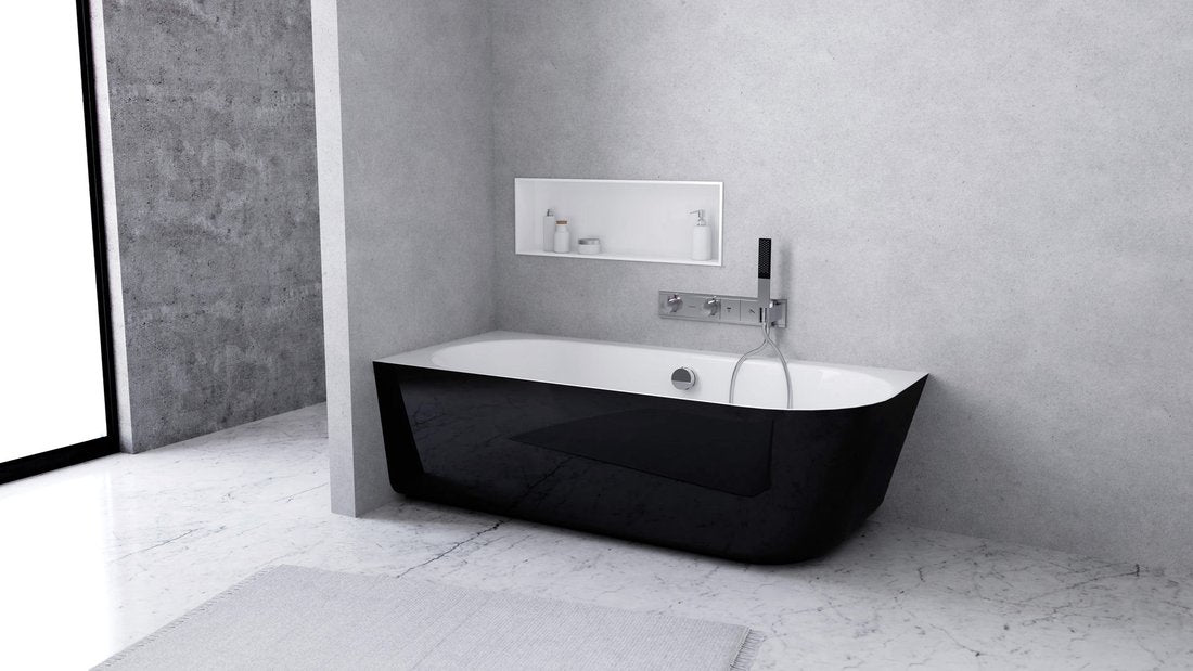 Sussi Vrijstaand Hoekbad 150x70x49,5cm Cast Marble Links Zwart/Wit
