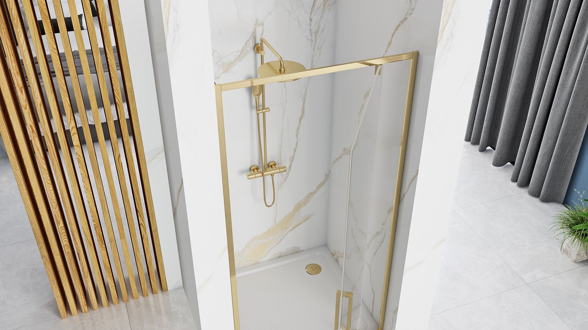 Detail van douchedeur Rea Rapid Swing Glans Goud