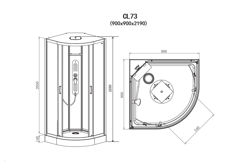 Douchecabine compleet kitvrij 90x90x225 kwartrond zwart Sky