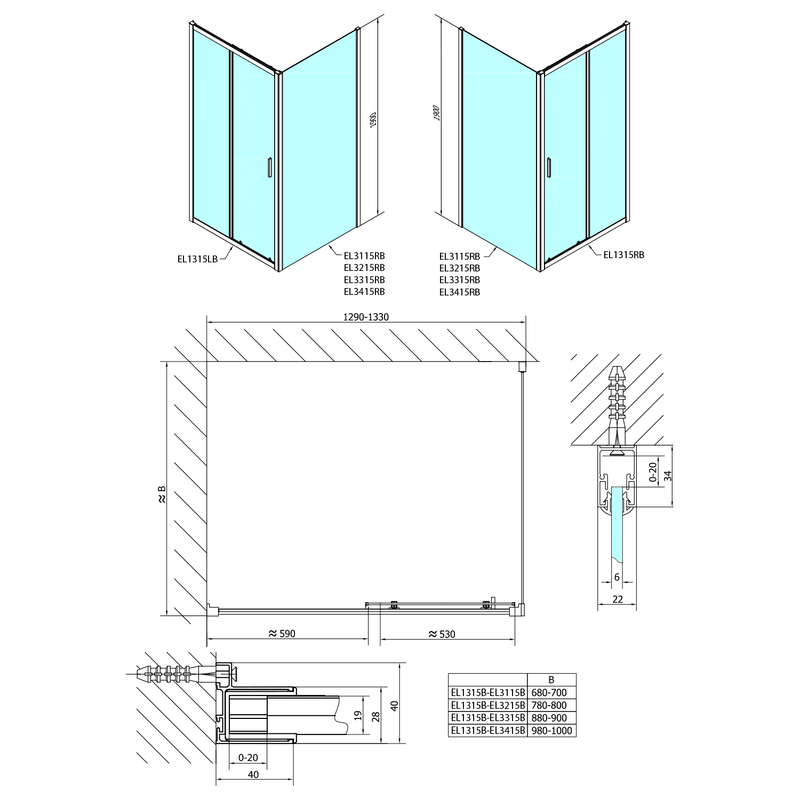 Douche Schuifdeur Easy Mat Zwart 130x190 cm