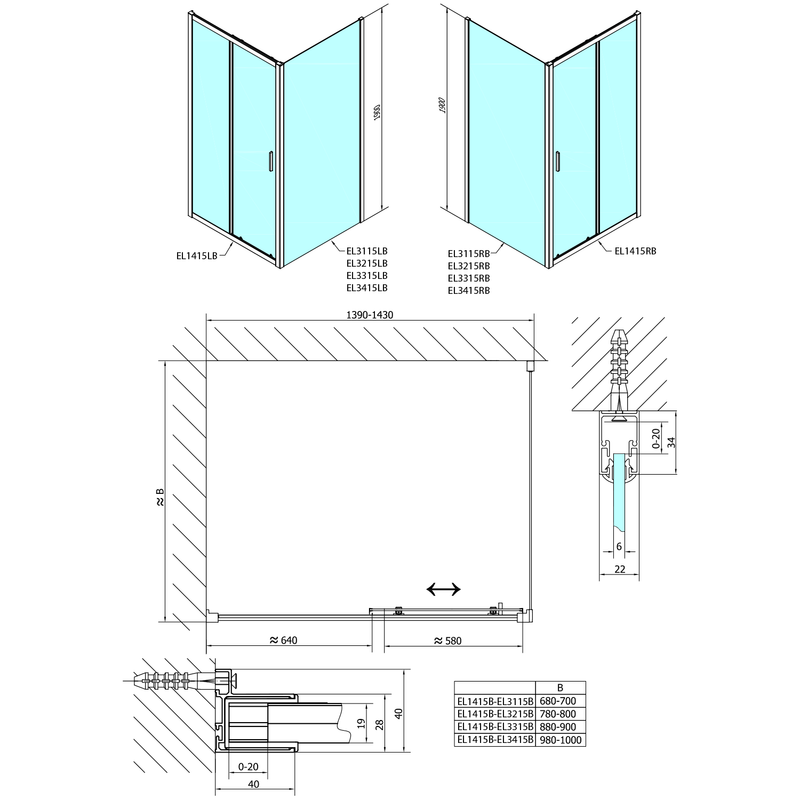 Douche Schuifdeur Easy Mat Zwart 140x190 cm