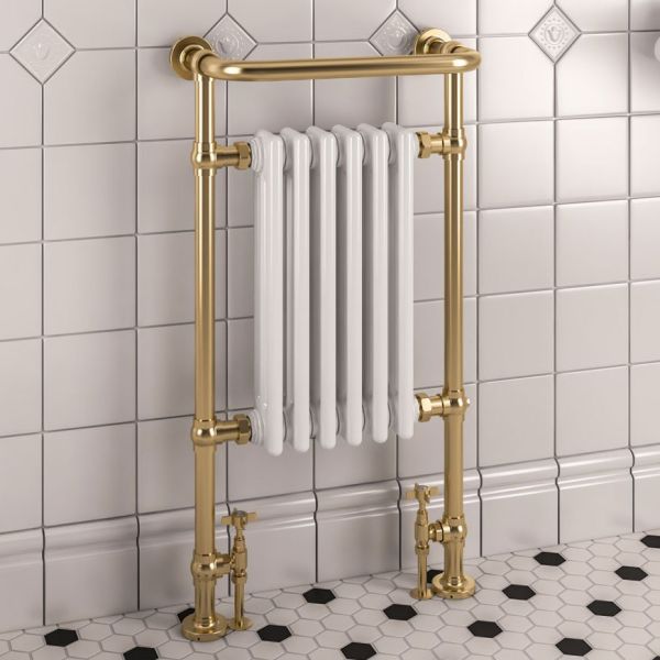 Isbourne Retro Handdoekradiator 94 x 50,7 cm Geborsteld Messing / Wit Hoogglans