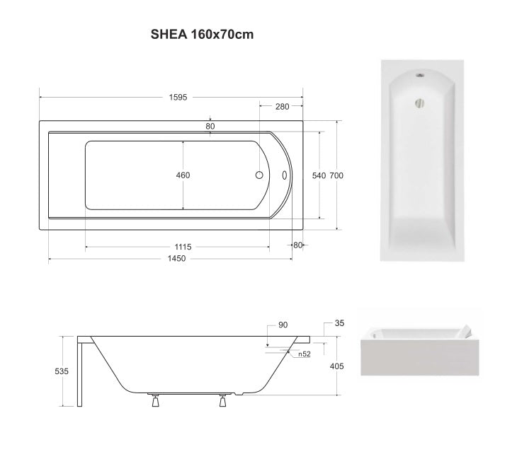 Maattekening Inbouwbad Shea Wit 140,150,160,170,180 x 70,8 cm met afmetingen in cm