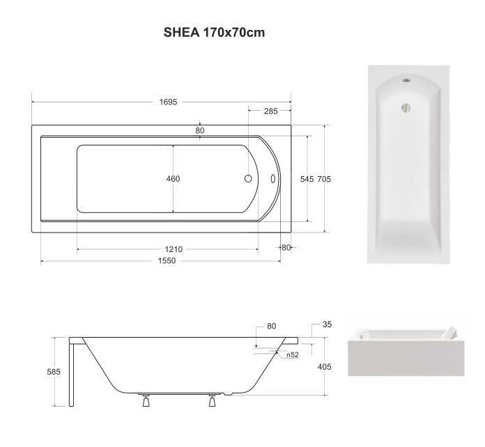 Maattekening Inbouwbad Shea Wit 140,150,160,170,180 x 70,8 cm met afmetingen in cm