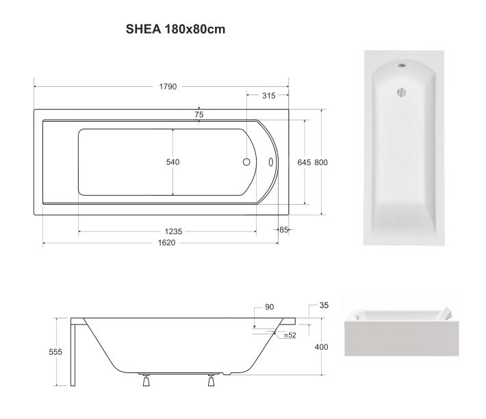 Maattekening Inbouwbad Shea Wit 140,150,160,170,180 x 70,8 cm met afmetingen in cm