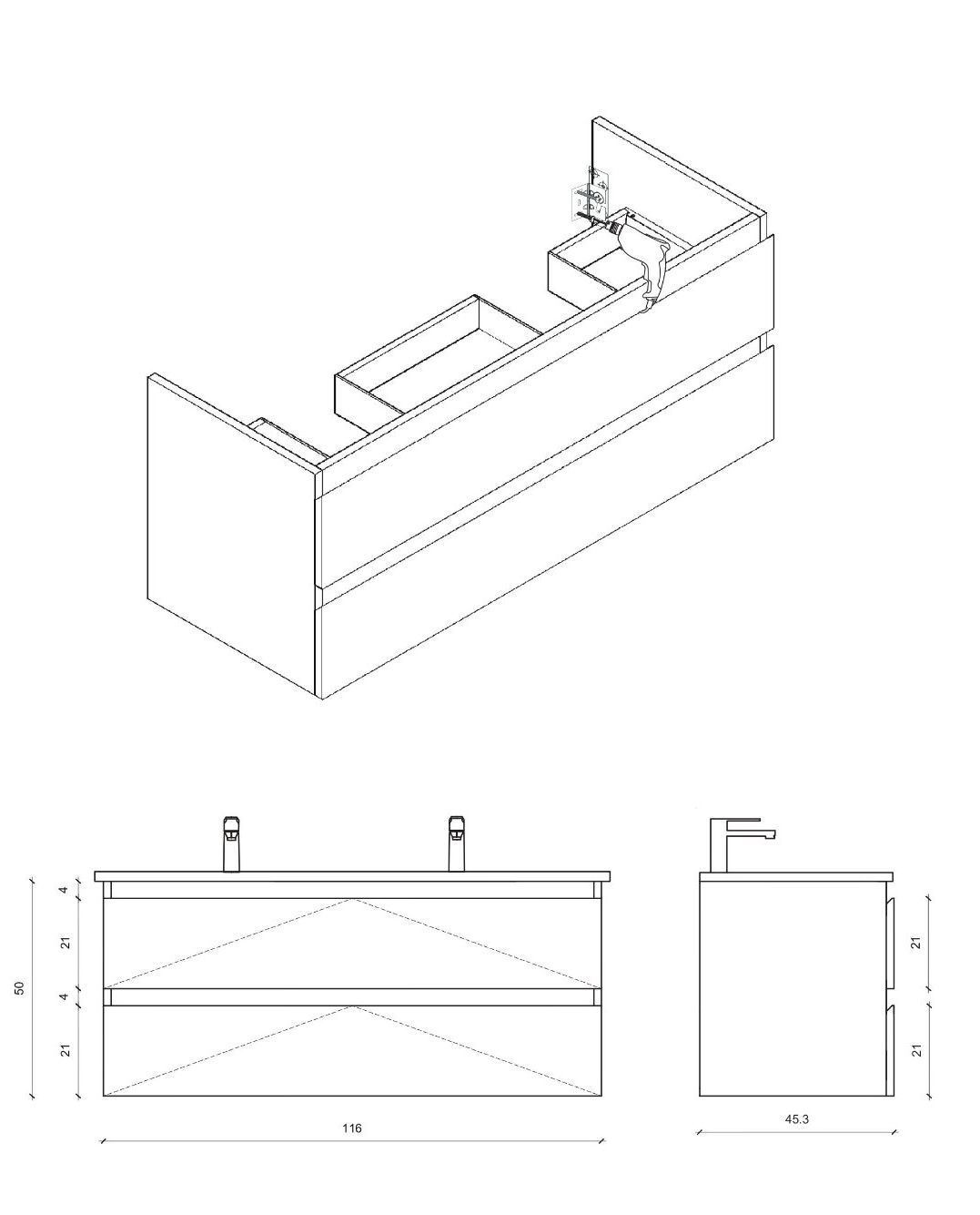 Badmeubel Sally 120 x 45 greeploos 2 laden Softclose Mat Grijs