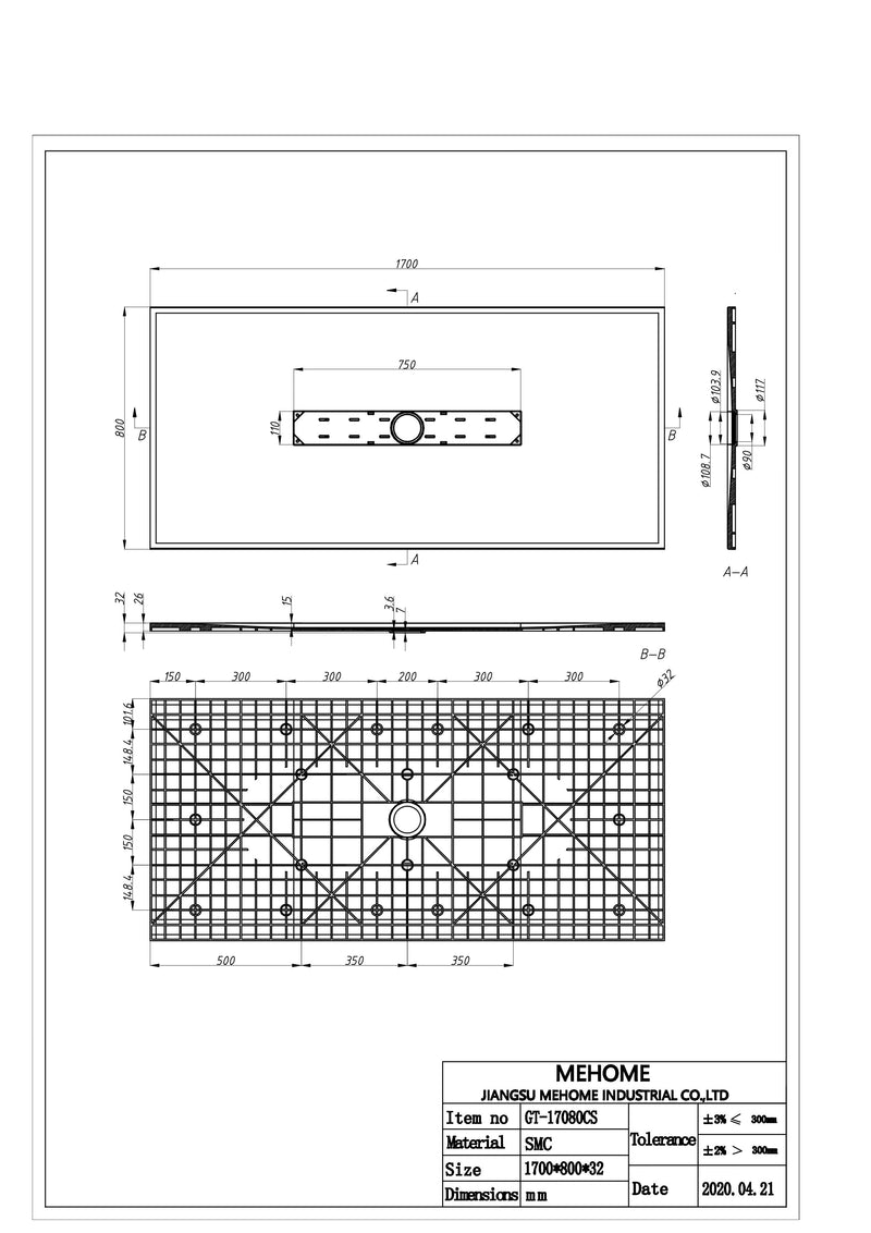 Zaagbare douchebak midden afvoer 170x80cm Grijs natuursteenlook