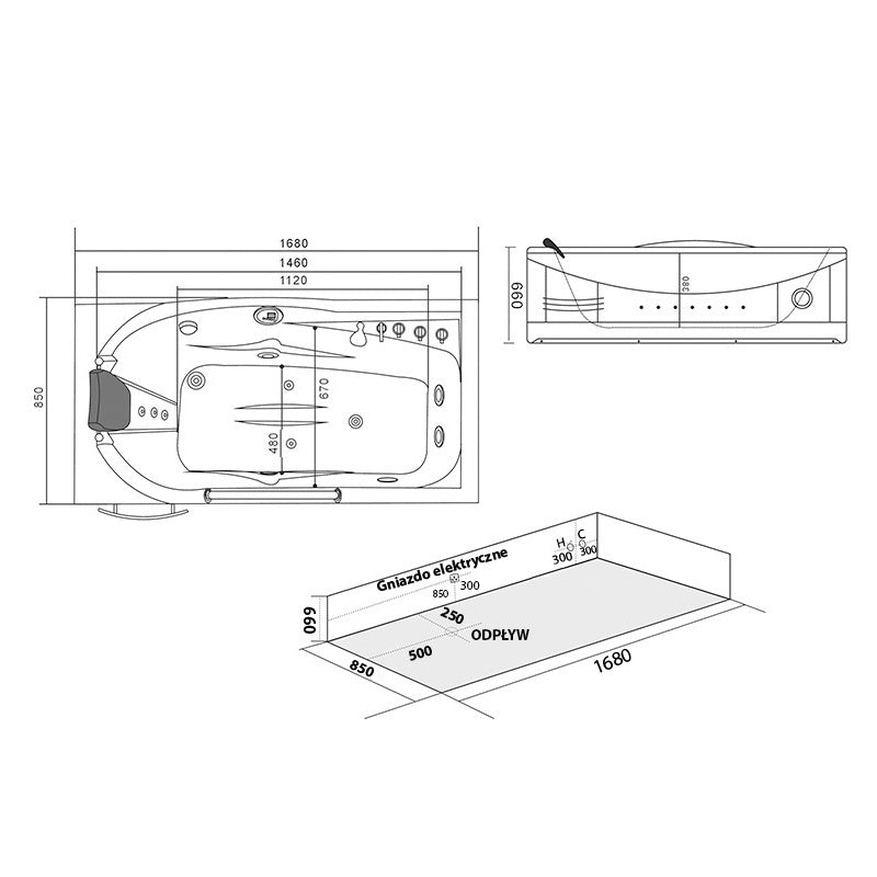 Zijaanzicht met de vorm van de kuip van Whirlpoolbad RAMZES 634 Hydromassage Wit 168 x 85 cm