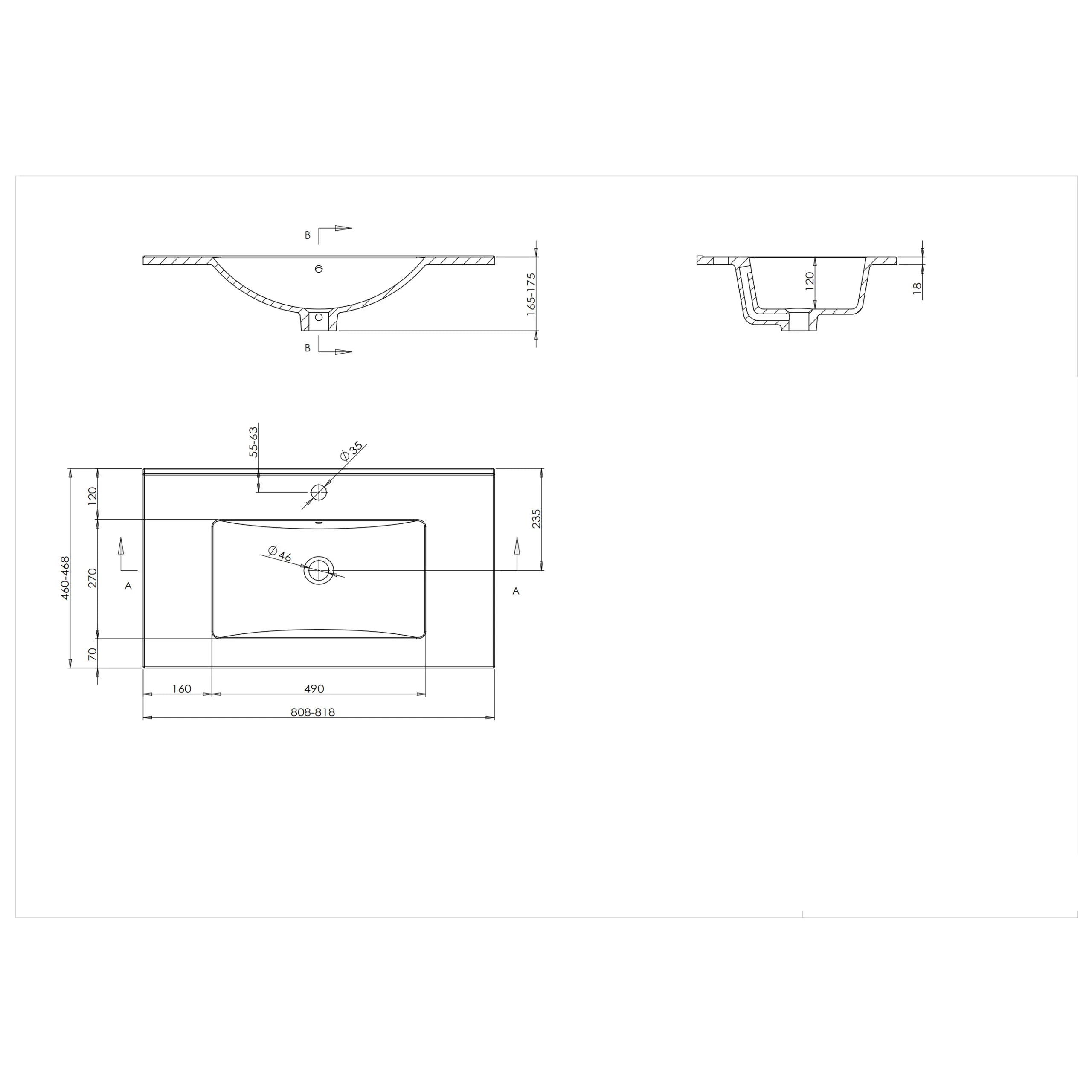 Wastafel Paris 80x46 cm met of zonder kraangat zwart/wit/mat wit