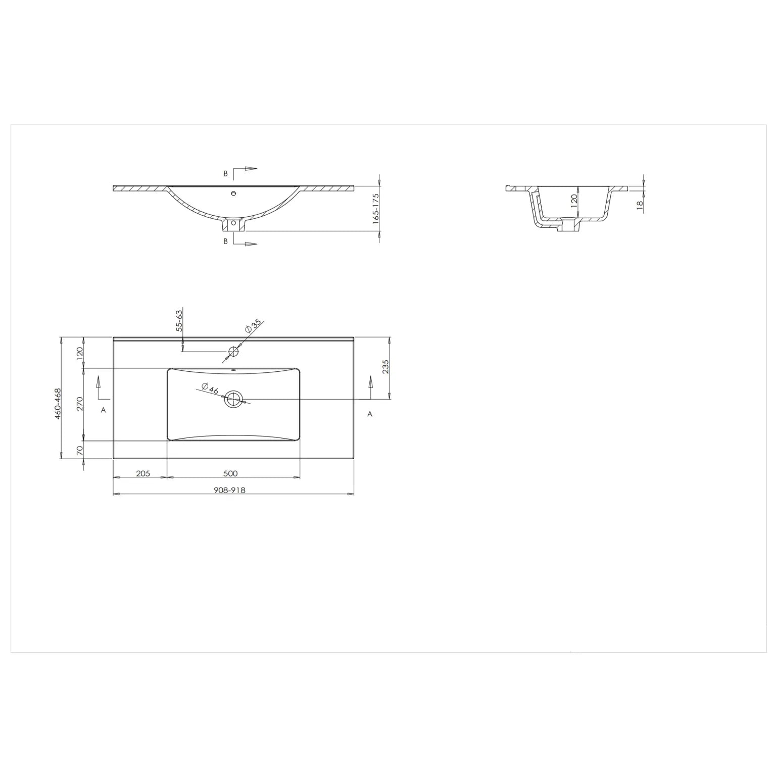 Wastafel Paris 90x46 cm met of zonder kraangat zwart/wit/mat wit