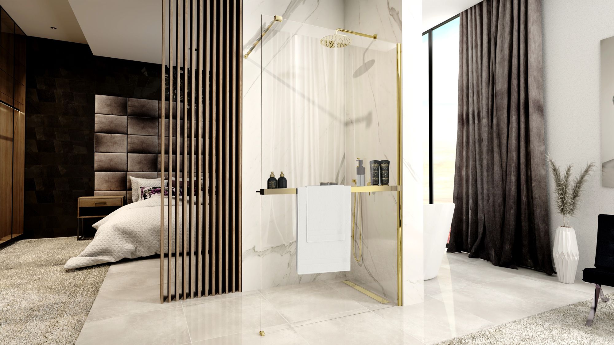 Detail van glas en glans goud van Rea Handdoekenrek Evo douchecabine