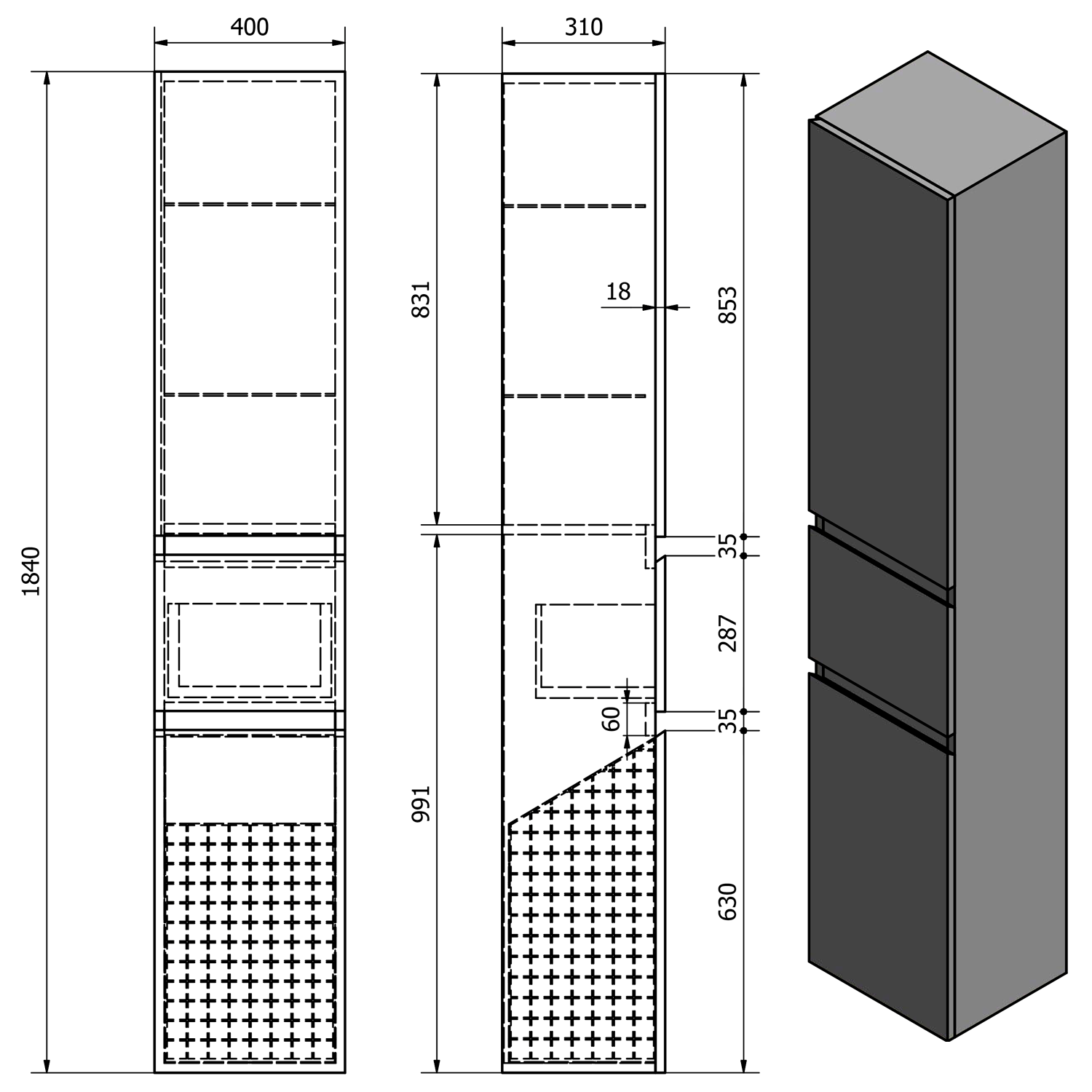 Kolomkast Altair 40x31x184 Mat Zwart Rechts met Wasmand