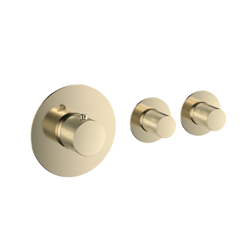 Luzi Badset inbouw deluxe met box thermostaat, muurbevestiging / doucheslang, staafhanddouche rond Goud Geborsteld met geribbeld knop