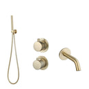 Luzi Badset inbouw met box thermostaat, muurbevestiging / doucheslang, staafhanddouche / afwerkringen / rond Goud Geborsteld