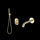 Luzi Badset inbouw met box thermostaat, muurbevestiging / doucheslang, staafhanddouche rond Goud Geborsteld met geribbeld knop