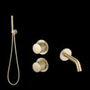 Luzi Badset inbouw met box thermostaat, muurbevestiging / doucheslang, staafhanddouche / afwerkringen / rond Goud Geborsteld met geribbeld knop