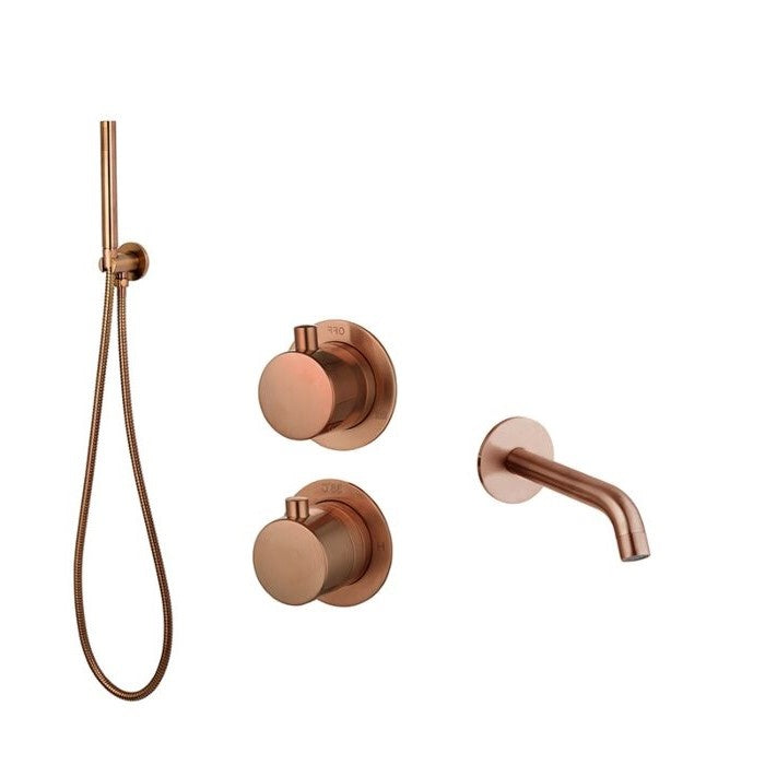 Luzi Badset inbouw met box thermostaat, muurbevestiging / doucheslang, staafhanddouche / afwerkringen / rond Brons