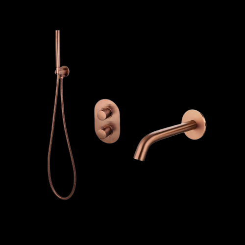 Luzi Badset inbouw met box thermostaat, muurbevestiging / doucheslang, staafhanddouche rond Brons met geribbeld knop