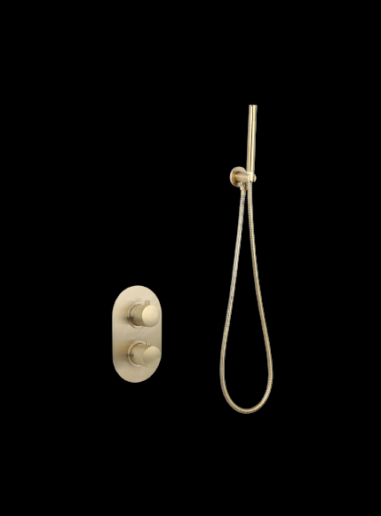 Luzi Badset inbouw met box thermostaat, muurbevestiging / doucheslang, staafhanddouche rond Goud Geborsteld met geribbeld knop