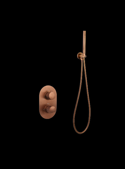Luzi Badset inbouw met box thermostaat, muurbevestiging / doucheslang, staafhanddouche rond Brons met geribbeld knop