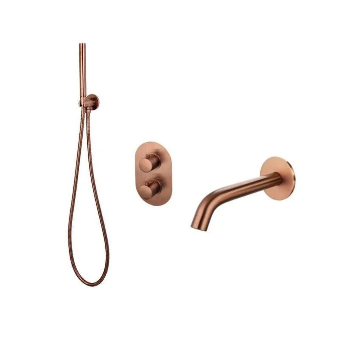 Luzi Badset inbouw met box thermostaat, muurbevestiging / doucheslang, staafhanddouche rond Brons