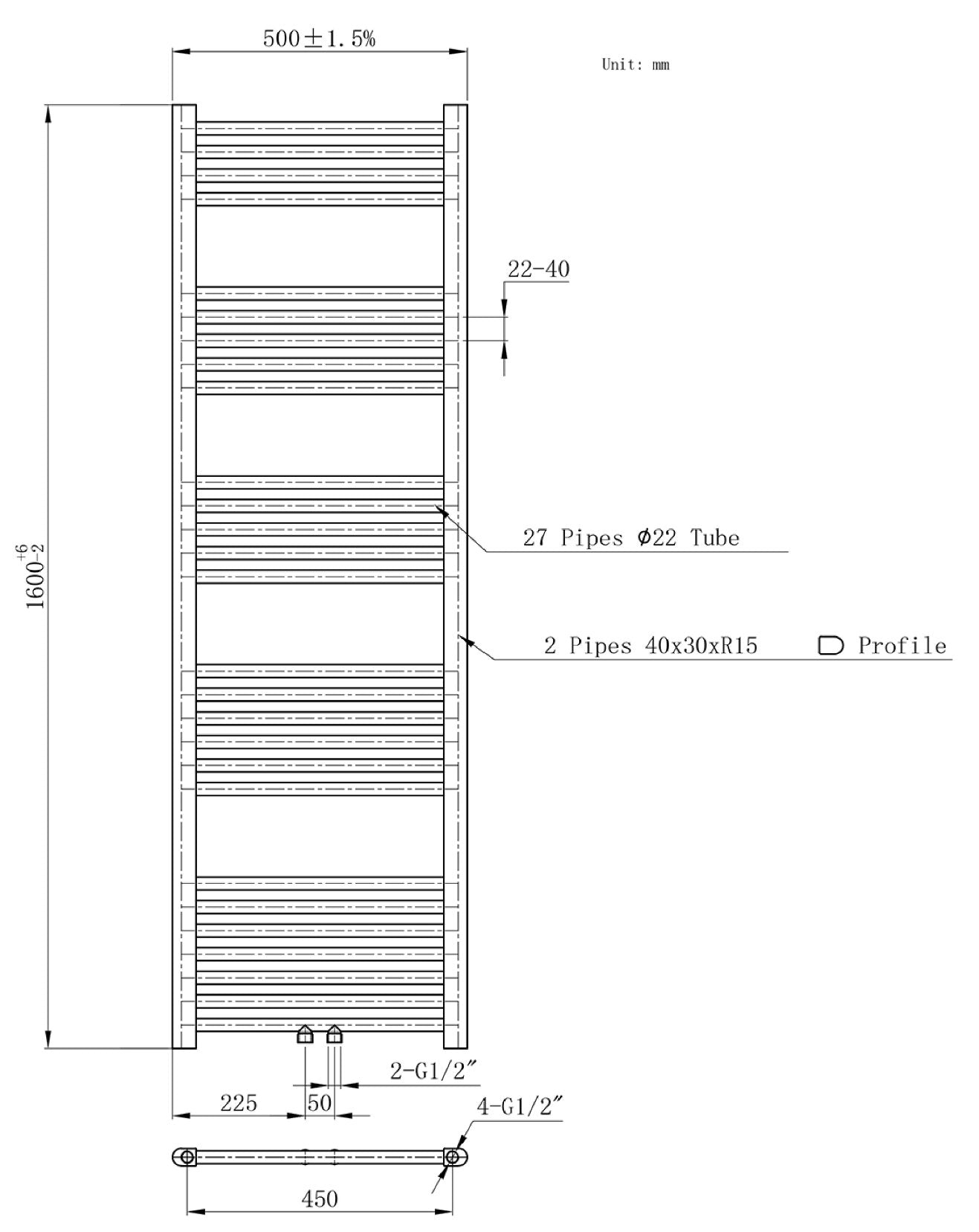 Handdoekradiator 160x50 Glans Wit 721 Watt
