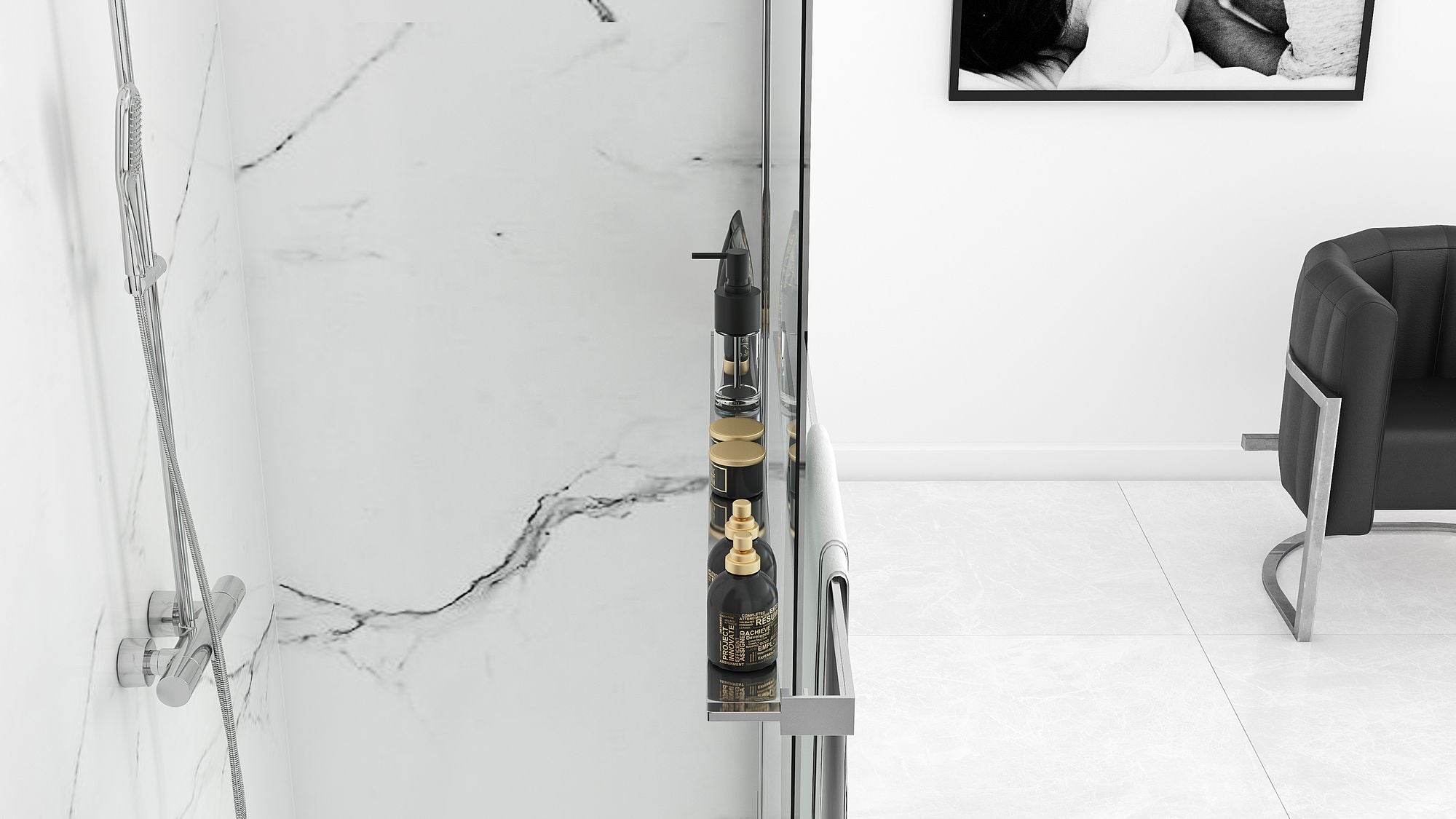 Detail van glas en chroom van Rea Handdoekenrek Evo douchecabine