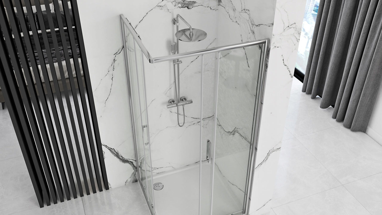 Detail van glas en mat zwart van Rea Punto Vierkant Antikalk douchecabine