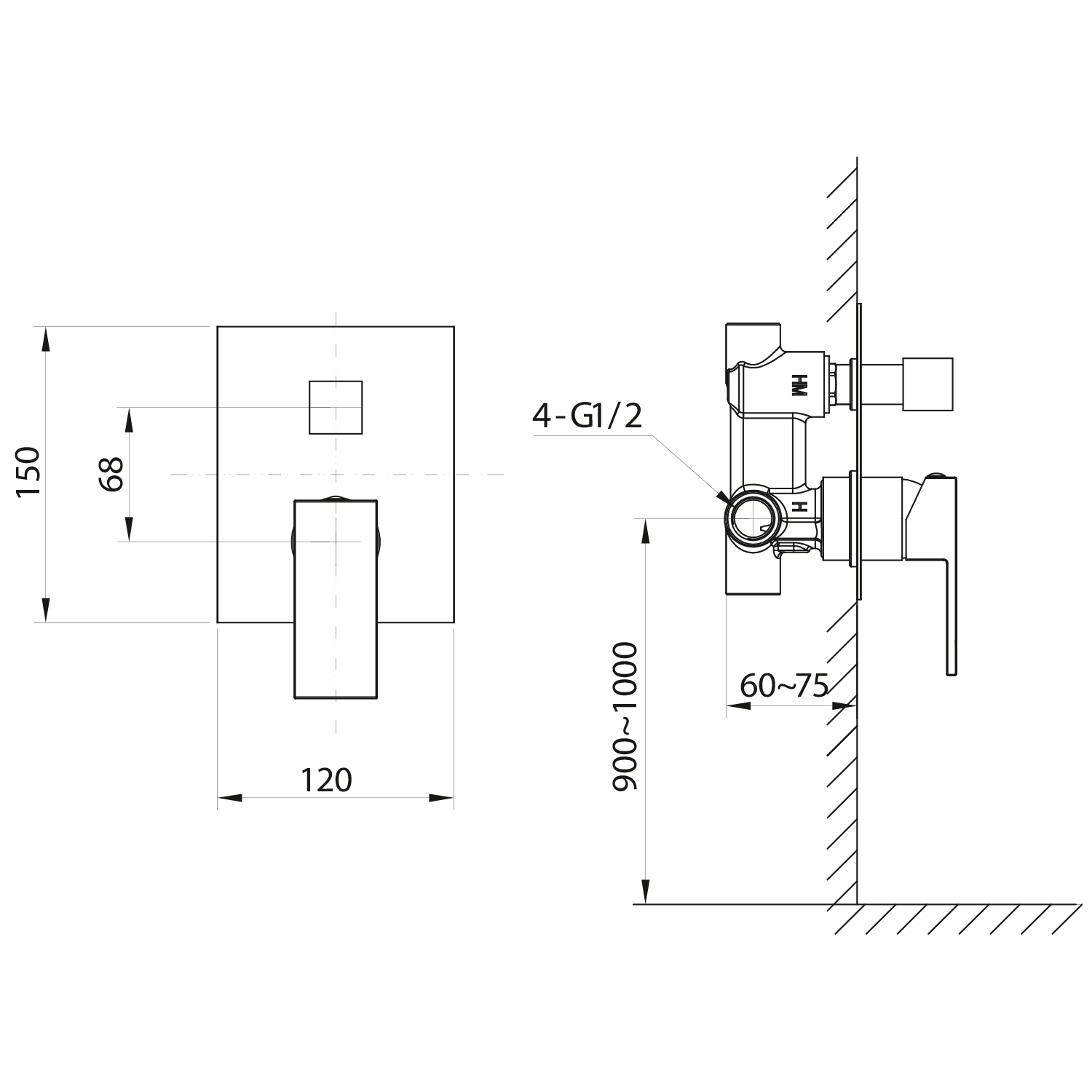 Sapho Cubemix Concealed Shower Mixer Tap 2 Outlets Chroom maattekening