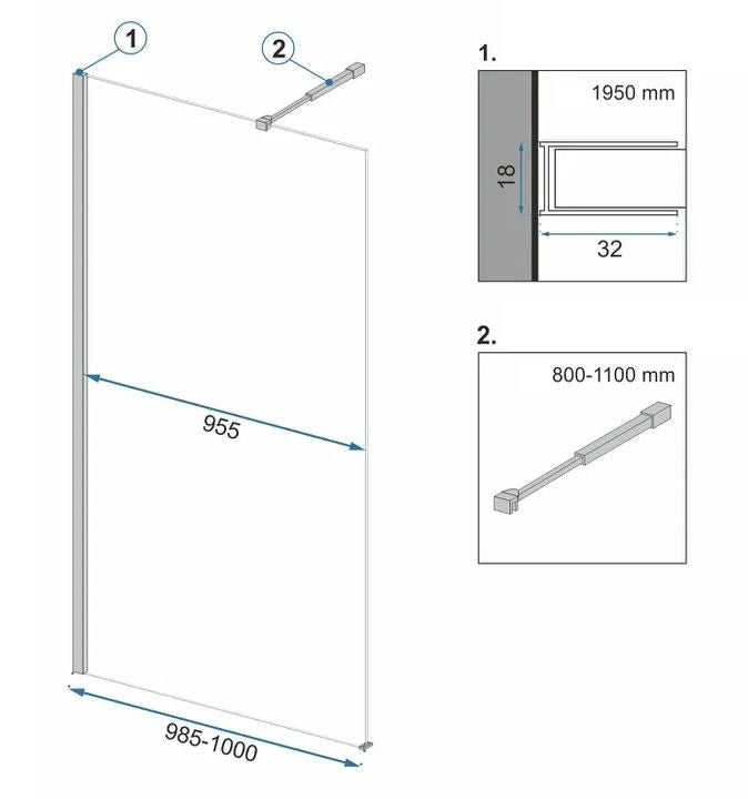 Rea Aero Black Mat 100 douchewand met plank en EVO hanger - View 9