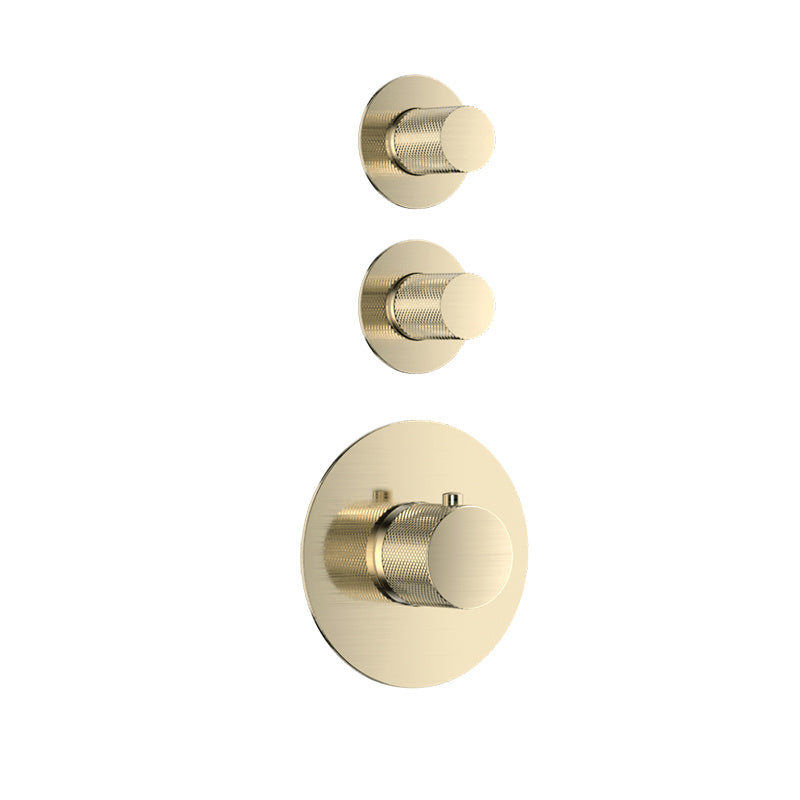 Luzi Doucheset Inbouw Deluxe met Box Thermostaat, Muurbevestiging / Douchekop 30 cm Rond Goud Geborsteld met Geribbeld Knop