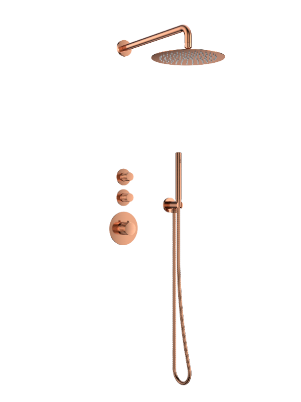 Luzi Doucheset Inbouw Deluxe met Box Thermostaat, Muurbevestiging / Douchekop 30 cm Rond Brons met Geribbeld Knop