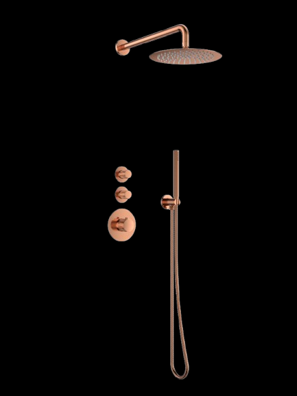 Luzi Doucheset Inbouw Deluxe met Box Thermostaat, Muurbevestiging / Douchekop 30 cm Rond Brons met Geribbeld Knop