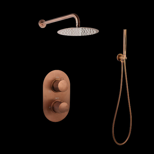 Luzi Doucheset Inbouw met Box Thermostaat, Muurbevestiging / Douchekop 30 cm Rond Brons met Geribbeld Knop