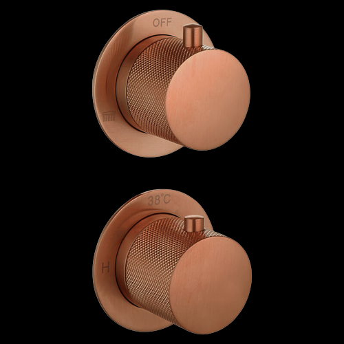Luzi Doucheset Inbouw met Box Thermostaat, Muurbevestiging / Afwerkringen / Douchekop 30 cm Rond Brons met Geribbeld Knop