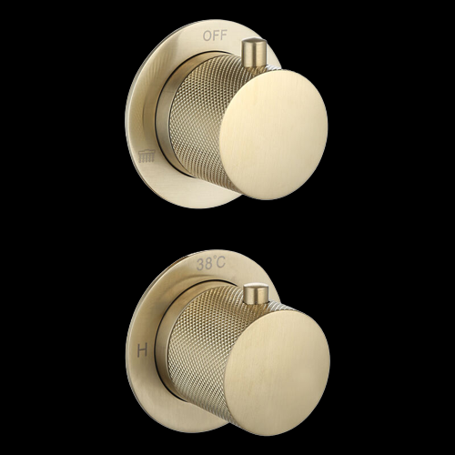 Luzi Doucheset Inbouw met Box Thermostaat, Muurbevestiging / Afwerkringen / Douchekop 25 cm Rond Goud Geborsteld met Geribbeld Knop