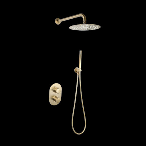 Luzi Doucheset Inbouw met Box Thermostaat, Muurbevestiging / Douchekop 25 cm Rond Goud Geborsteld met Geribbeld Knop