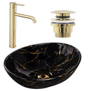 Wastafel Sofia Black Marble + kraan Lungo Gold High + universele plug gold