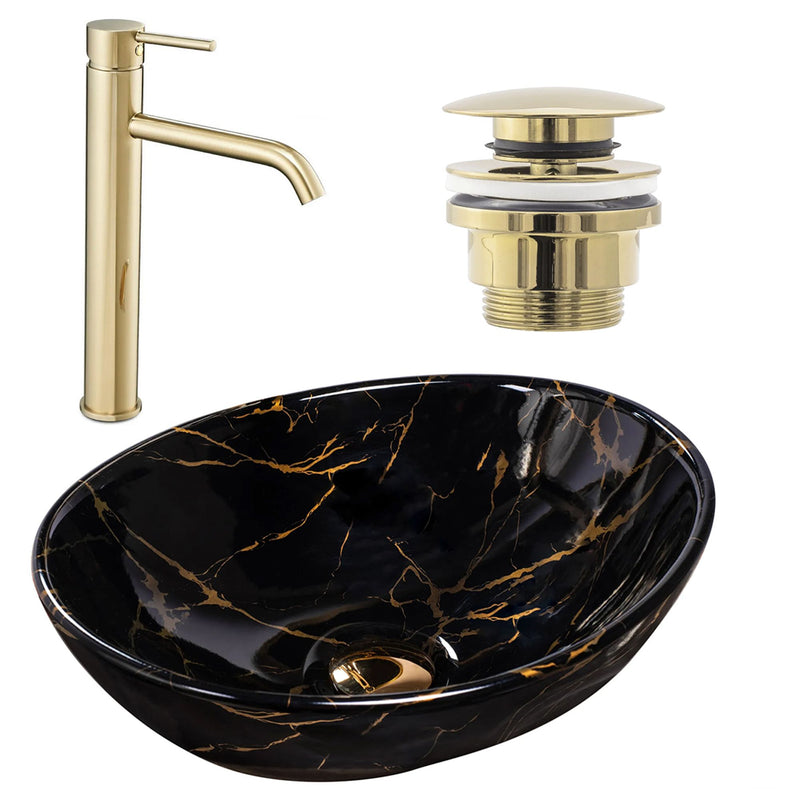 Wastafel Sofia Black Marble + kraan Lungo Gold High + universele plug gold